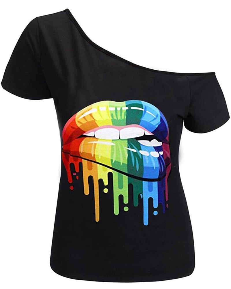 MAGICMK Womenâ€™s Short Lips Print Causal Off The Shoulder Plus Size T-Shirt Tops (Black+XXMOUTH, 2XL) - Image 1